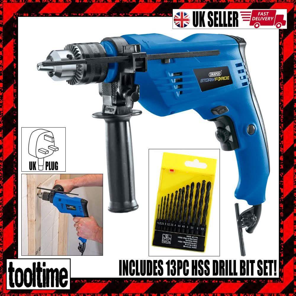 Draper 500W Variable Speed Hammer Drill With Side Handle & 13Pc Hss Bit Set