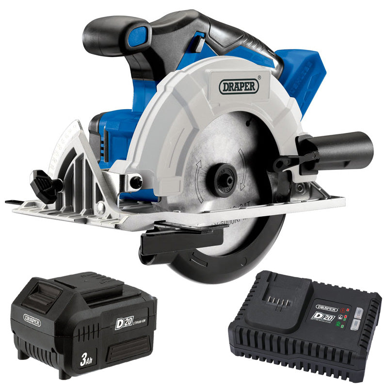 Draper 20V Cordless Circular Saw with 3Ah Li-ion Battery Fast Charger & 4pc Blades