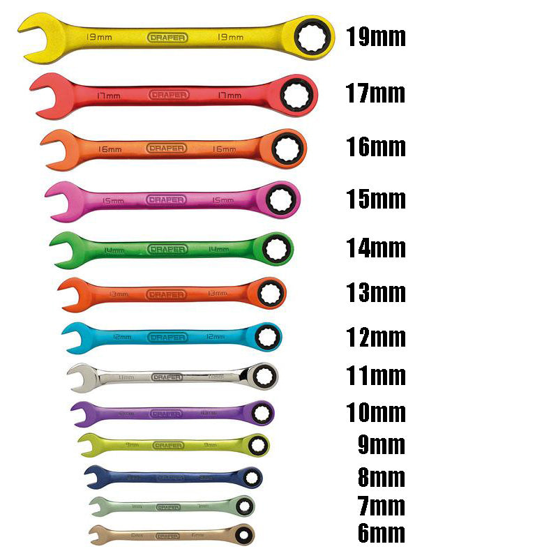 Draper 07142 13pc Metric Combination Ratchet Spanner Set | Colour Plated CRV 12 Point HI-TORQ