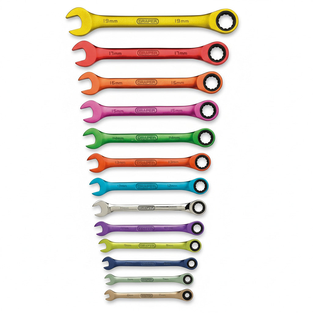 Draper 07142 13pc Metric Combination Ratchet Spanner Set | Colour Plated CRV 12 Point HI-TORQ