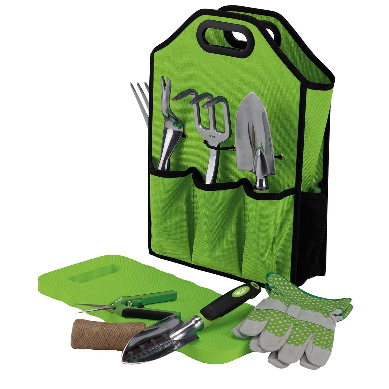 Draper 08998 11pc Aluminium Garden Tools Set | Fork Trowels Snips Kneeler Gardening Gloves & Bag