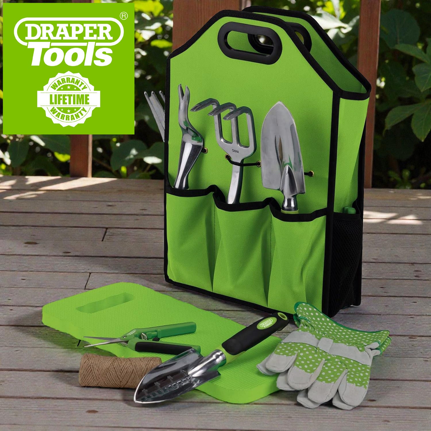 Draper 08998 11pc Aluminium Garden Tools Set | Fork Trowels Snips Kneeler Gardening Gloves & Bag