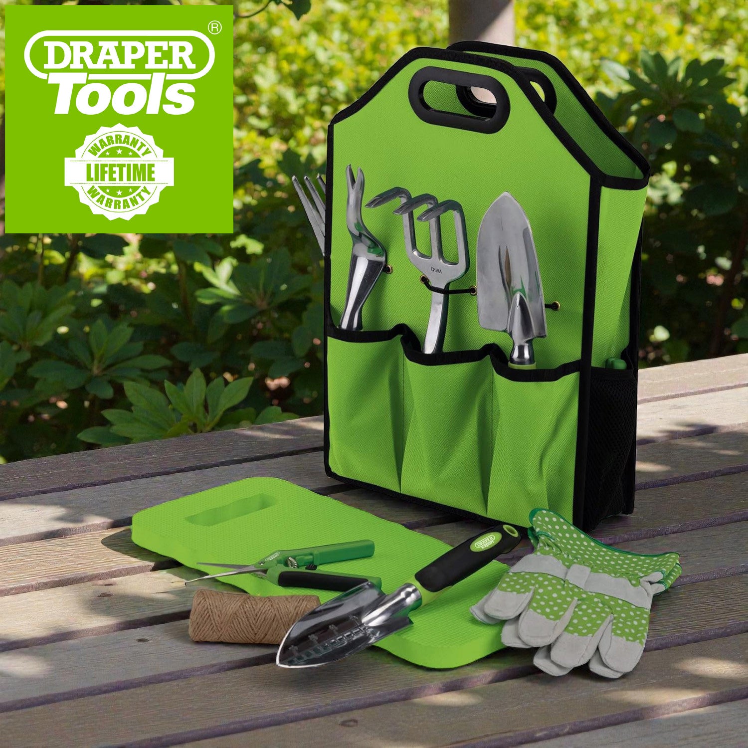 Draper 08998 11pc Aluminium Garden Tools Set | Fork Trowels Snips Kneeler Gardening Gloves & Bag