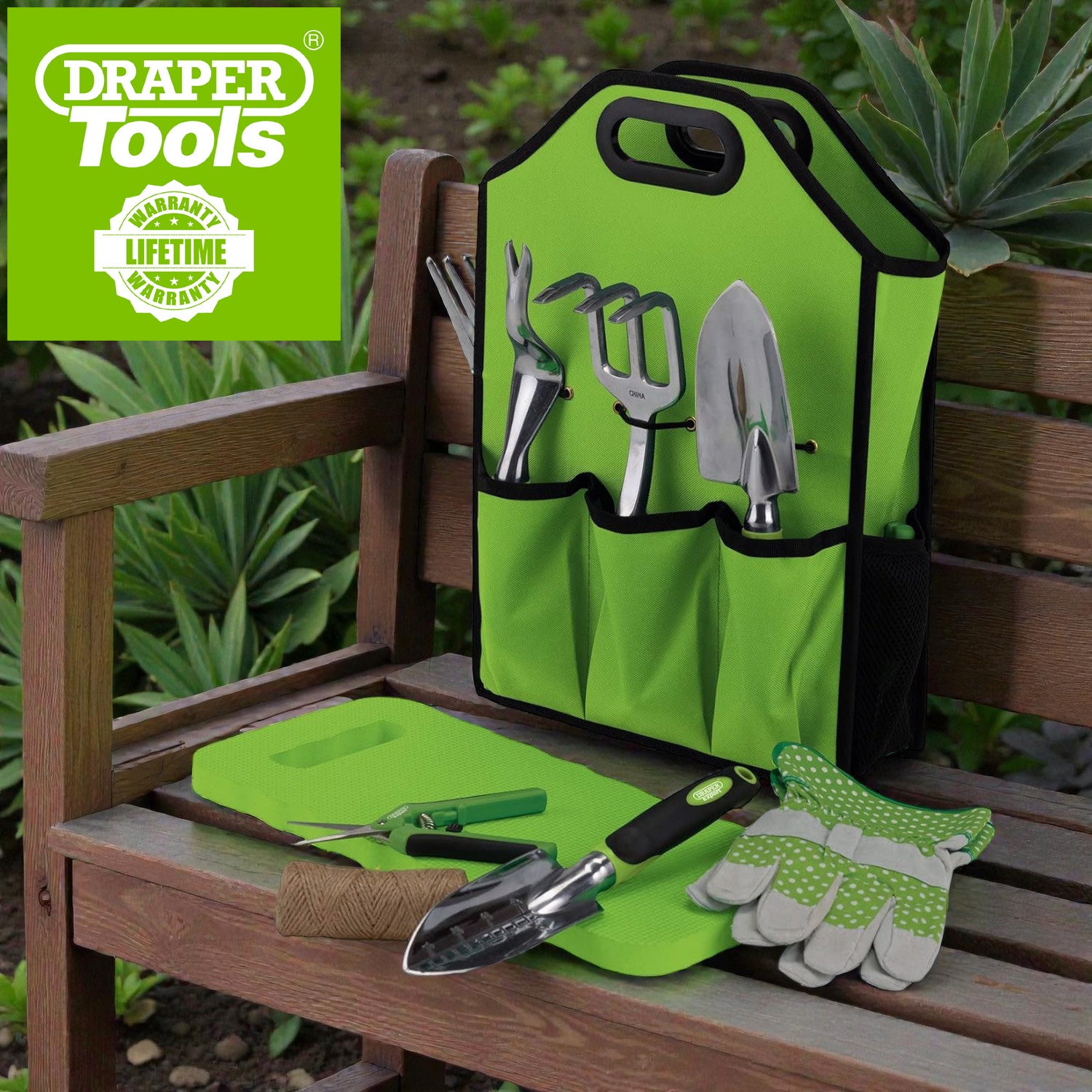 Draper 08998 11pc Aluminium Garden Tools Set | Fork Trowels Snips Kneeler Gardening Gloves & Bag