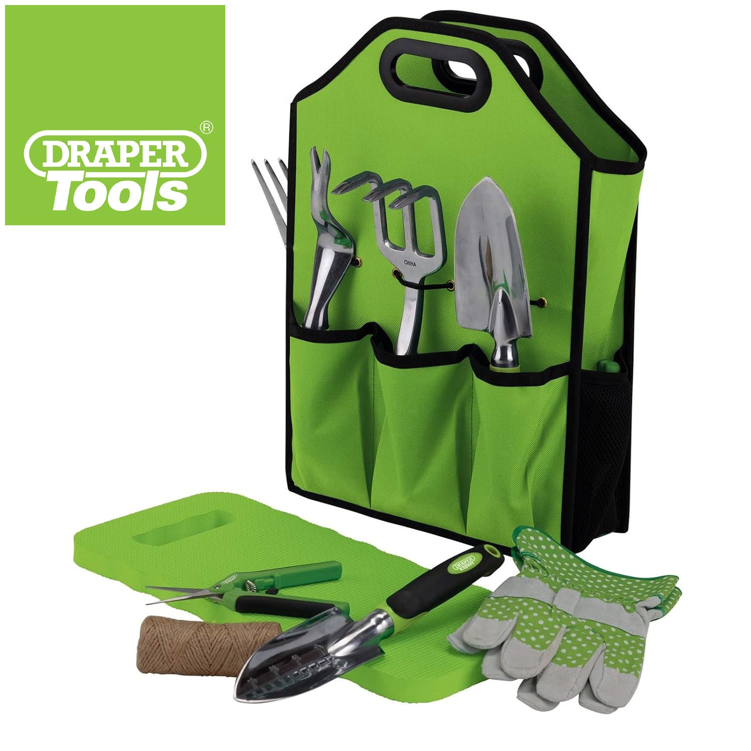 Draper 08998 11pc Aluminium Garden Tools Set | Fork Trowels Snips Kneeler Gardening Gloves & Bag