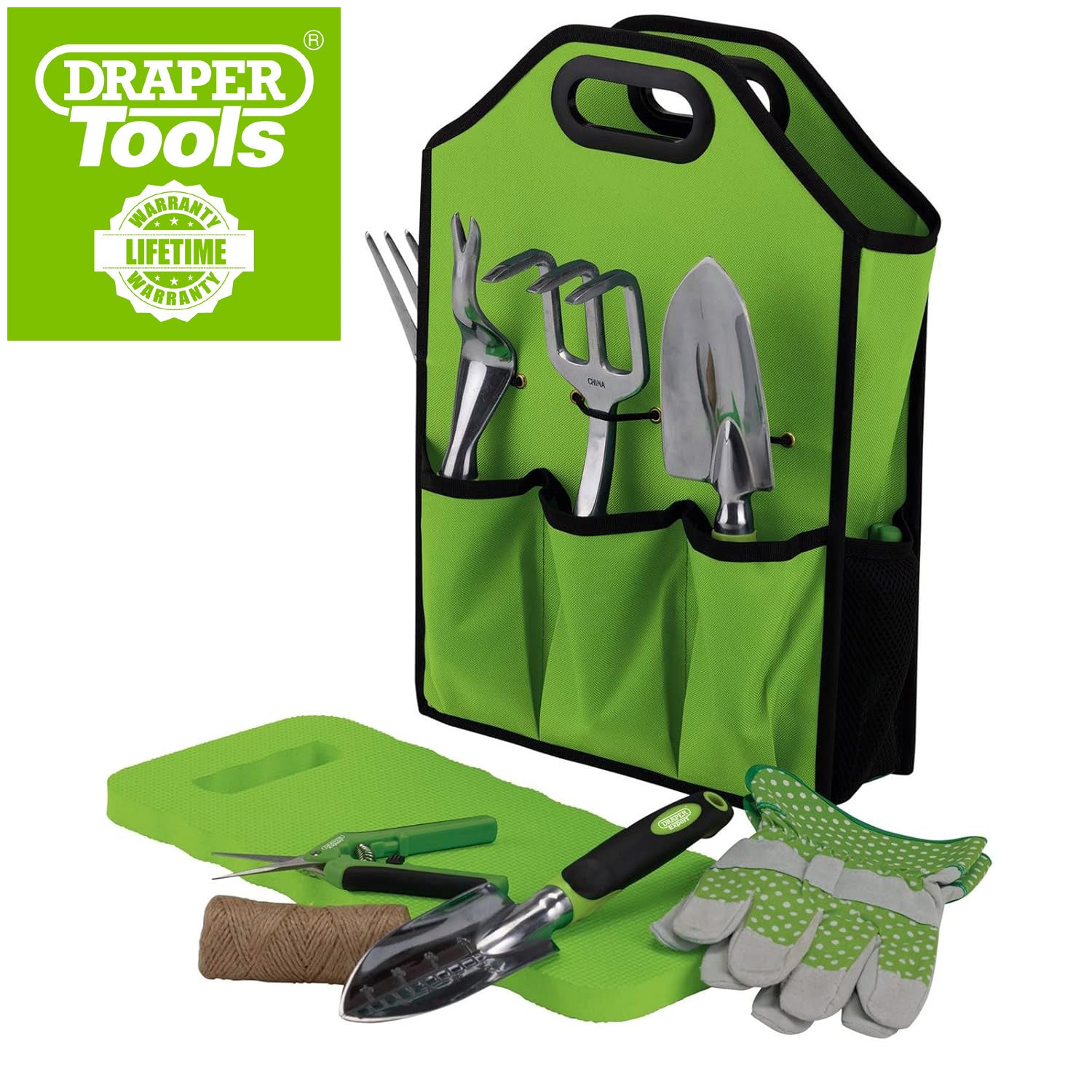 Draper 08998 11pc Aluminium Garden Tools Set | Fork Trowels Snips Kneeler Gardening Gloves & Bag