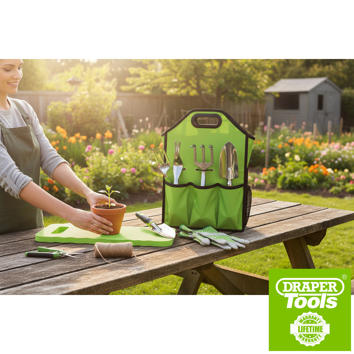 Draper 08998 11pc Aluminium Garden Tools Set | Fork Trowels Snips Kneeler Gardening Gloves & Bag