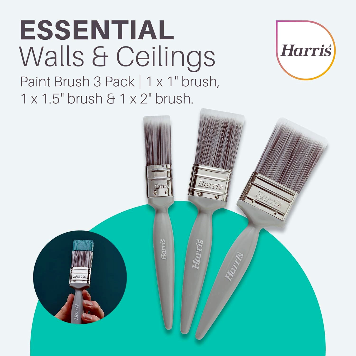 3pk Harris Essentials Paint Brushes Synthetic Bristles for Walls & Ceilings 1" 1.5" 2"