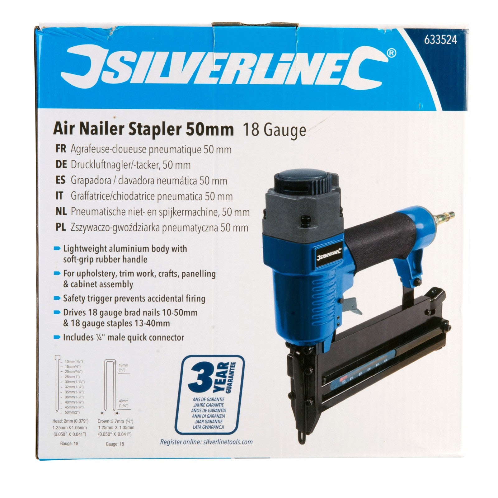 2-in-1 Air Nailer Stapler 18 Gauge 15 - 50mm + 5000 Brad Nails - 3 Year Warranty