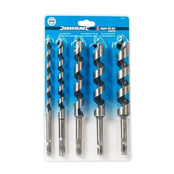 5pc Auger Drill Bit Set 10mm-25mm Hex Shank High Carbon Steel Wood Joinery Silverline 298528