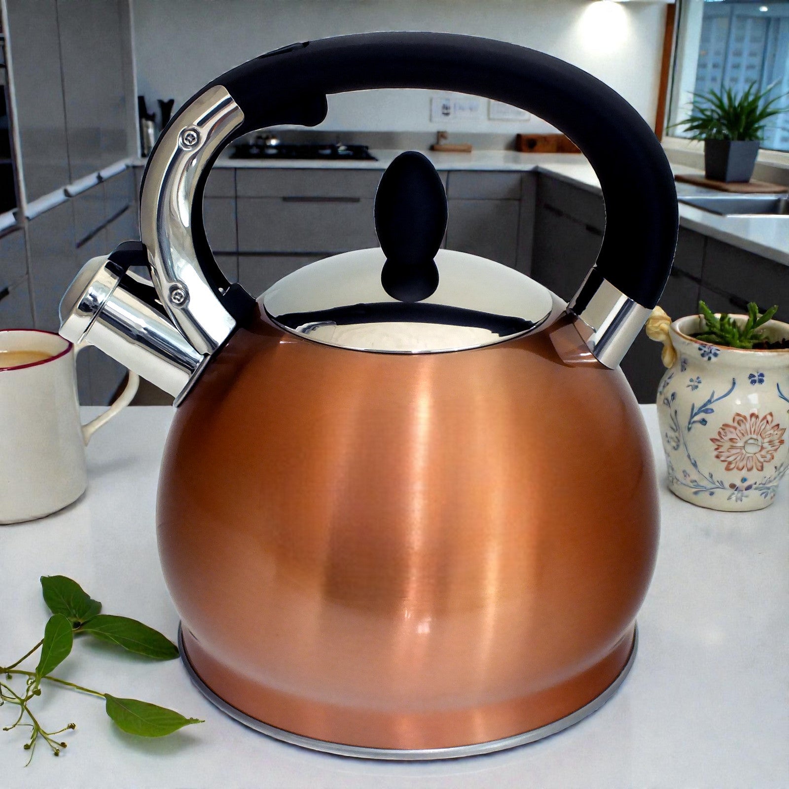 Voche 3.5L Stovetop Whistling Kettle Stainless Steel with Stylish Copper Finish | Suitable for Electric, Induction and Gas Hobs