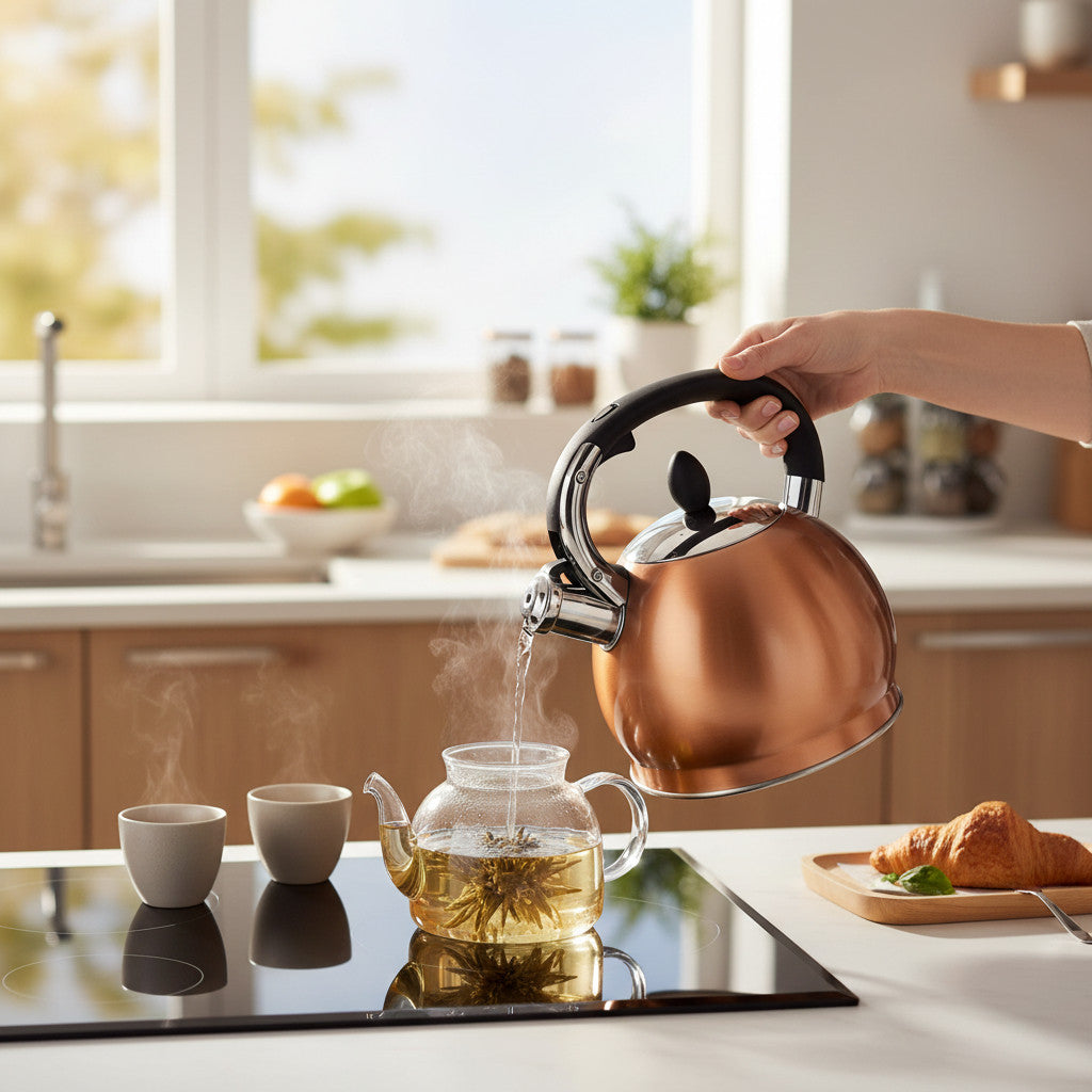 Voche 3.5L Stovetop Whistling Kettle Stainless Steel with Stylish Copper Finish | Suitable for Electric, Induction and Gas Hobs