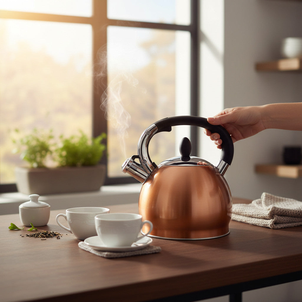 Voche 3.5L Stovetop Whistling Kettle Stainless Steel with Stylish Copper Finish | Suitable for Electric, Induction and Gas Hobs