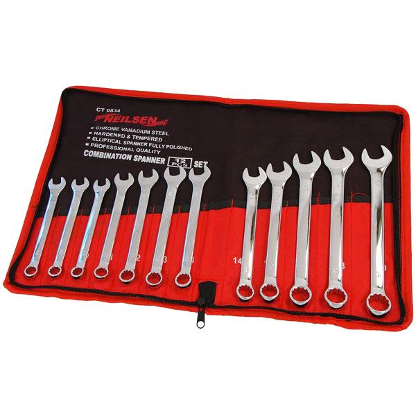12pc Combination Spanner Set Chrome Vanadium Steel Polished 10-19mm + Tool Roll - tooltime.co.uk