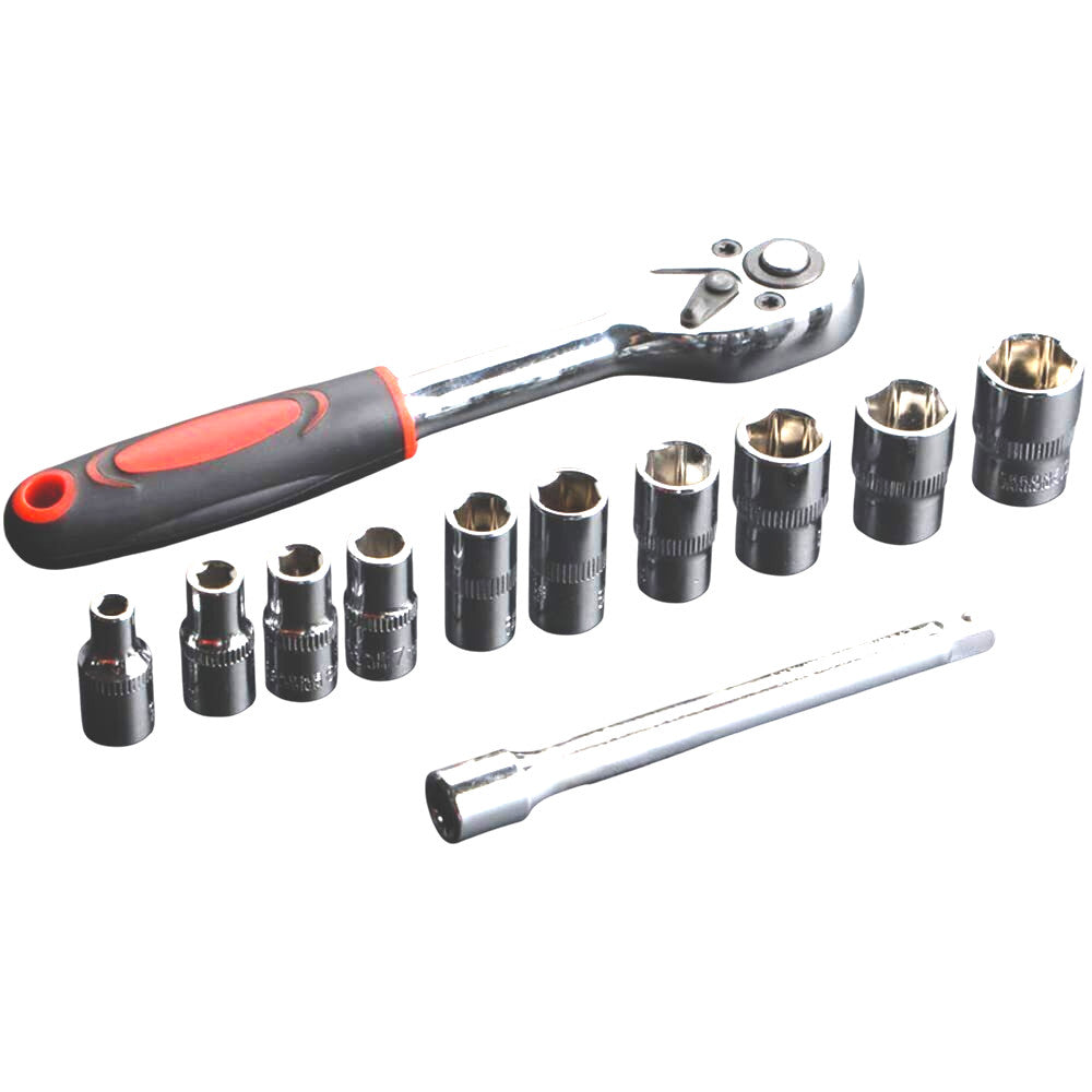 Ratchet Socket Set 1/4"Dr Pro Steel Crv 12Pc - Extension - Storage Rack Included