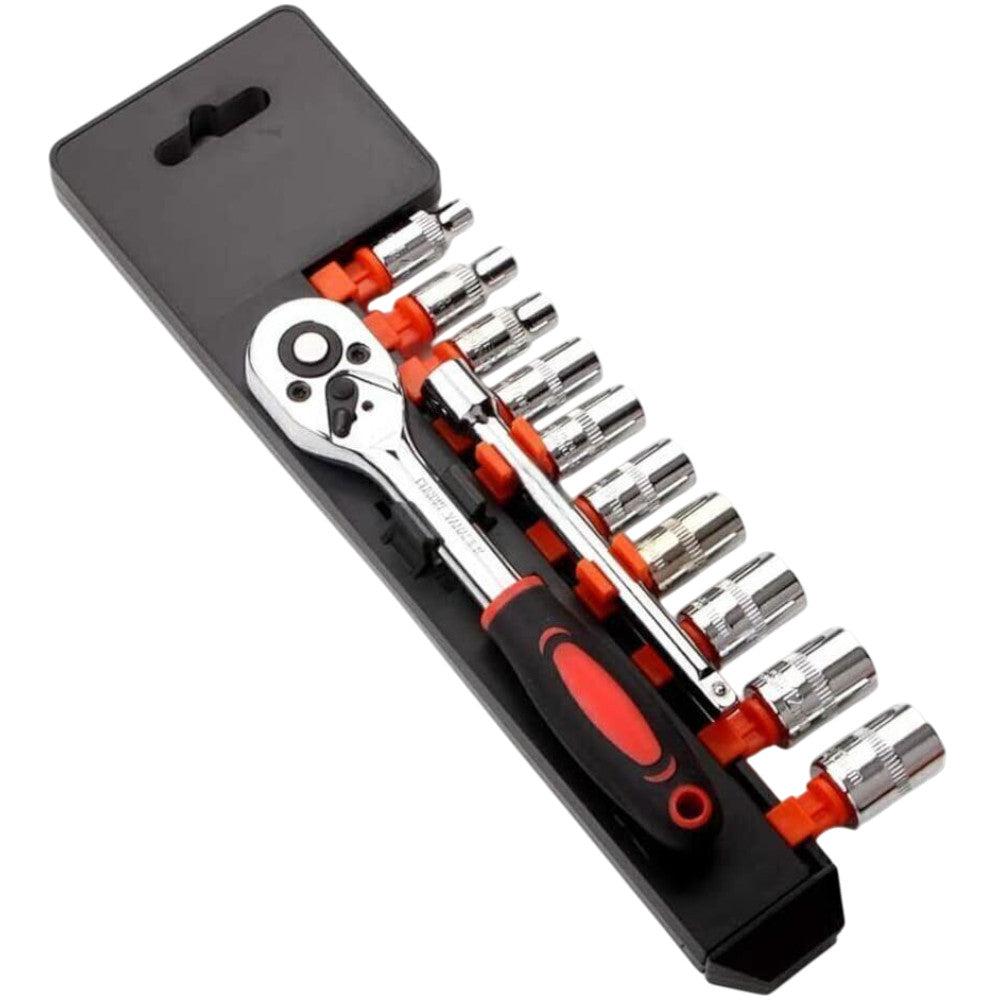 Ratchet Socket Set 1/4"Dr Pro Steel Crv 12Pc - Extension - Storage Rack Included