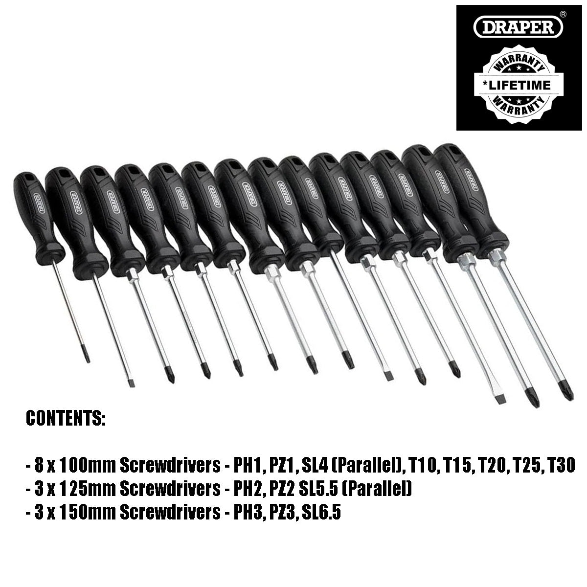 Draper 13588 14pc Hard Grip Screwdriver Set with Case | CRV Slotted Philips Pozi Torx