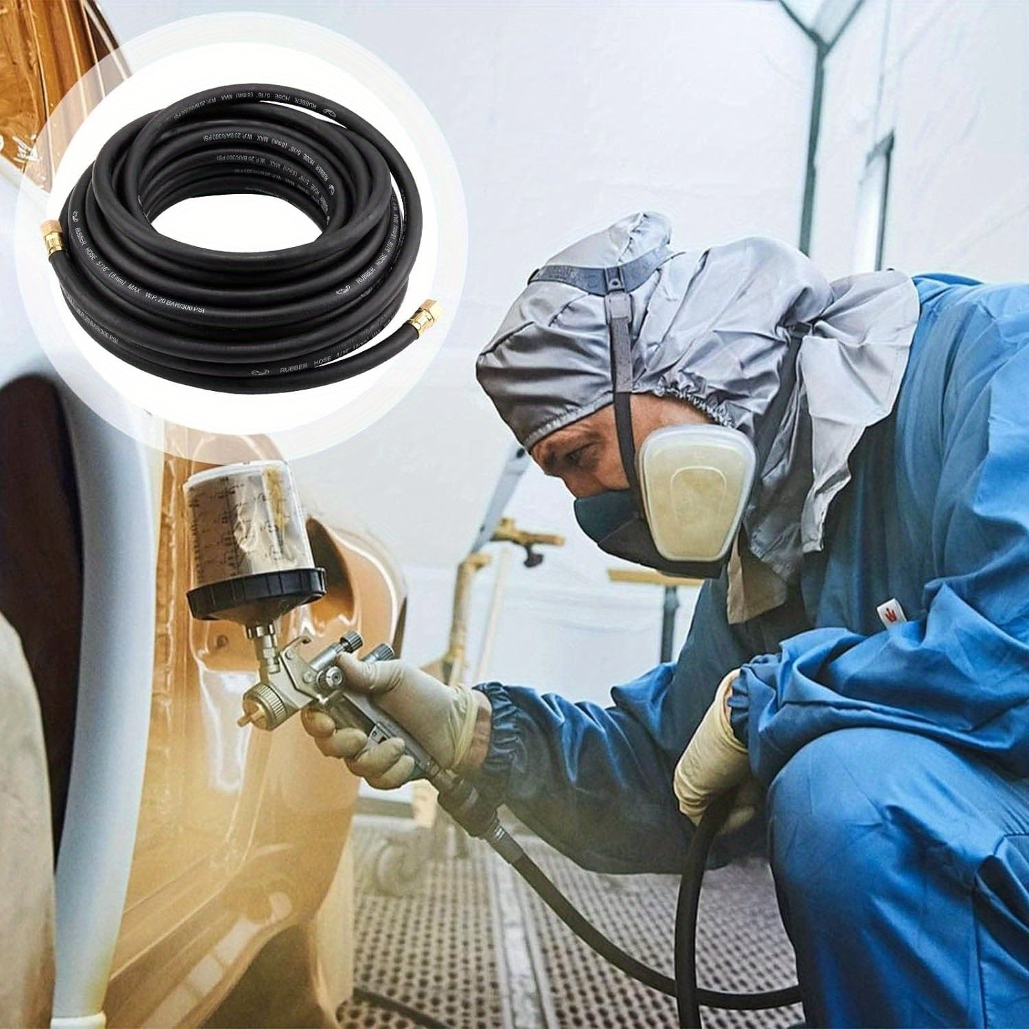 Air Compressor Hose 15m Air Line Rubber Hose 9.5mm ID X 15mm OD Compressor Hose Kit 5 Quick Release Fittings 1/4" Pneumatic Air Hose Pressure 300Psi