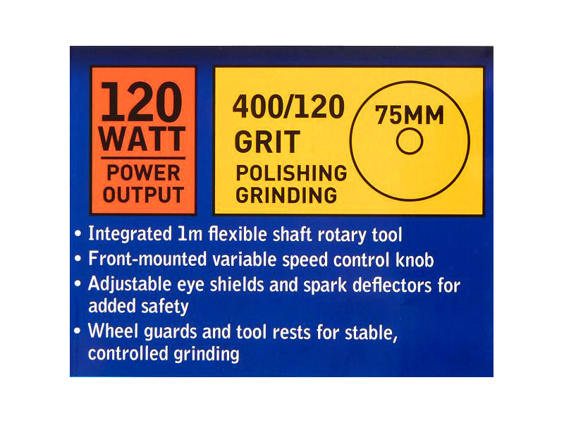 75mm (3") Twin Bench Grinder and Polisher | 120W Variable Speed with 1m Flexible Shaft for Rotary Tool Accessories | Lifetime Warranty