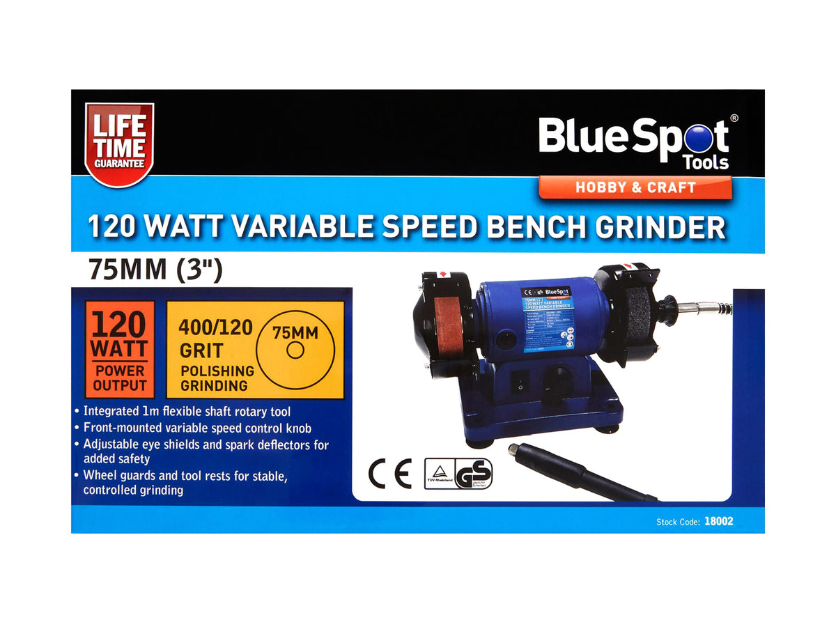 75mm (3") Twin Bench Grinder and Polisher | 120W Variable Speed with 1m Flexible Shaft for Rotary Tool Accessories | Lifetime Warranty