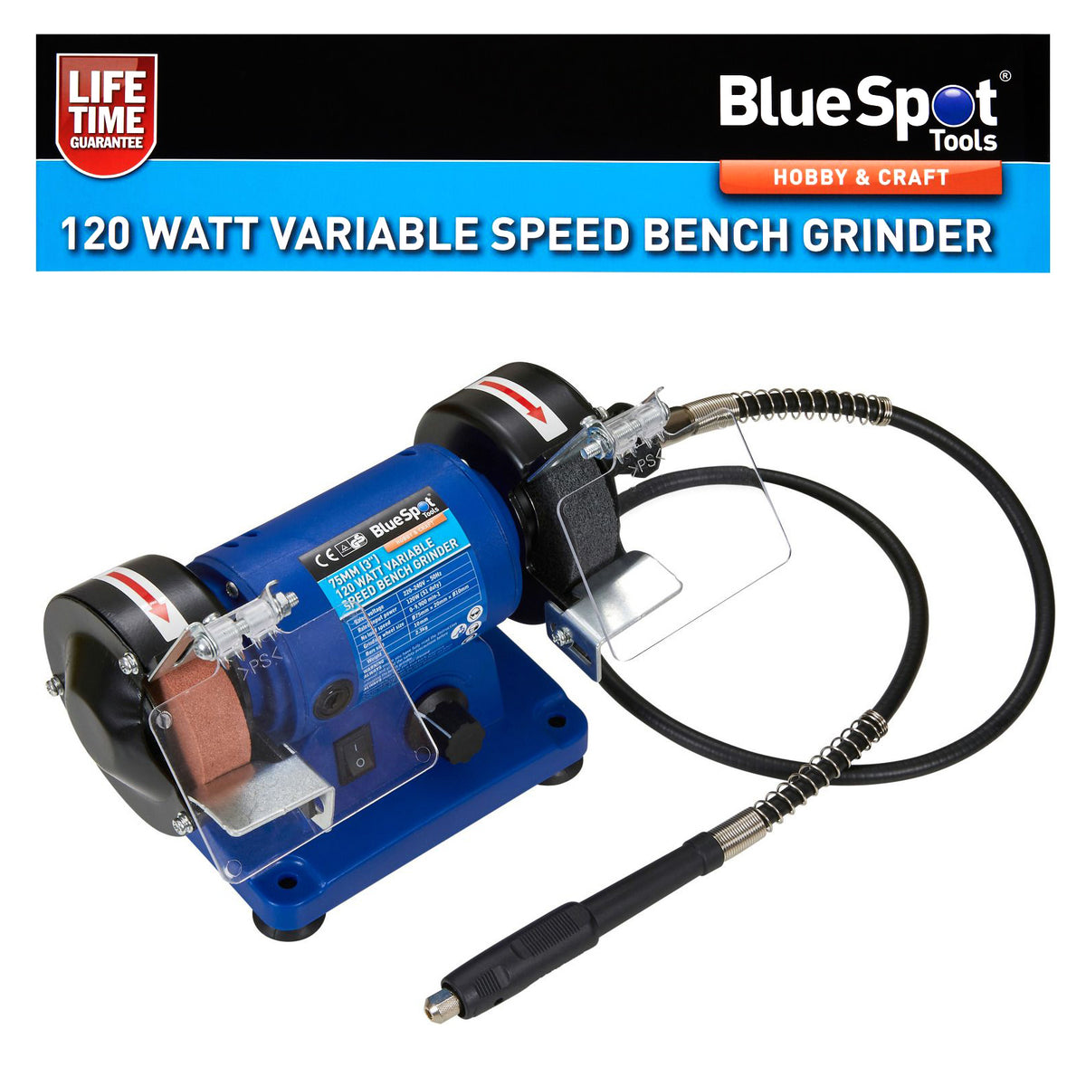 75mm (3") Twin Bench Grinder and Polisher | 120W Variable Speed with 1m Flexible Shaft for Rotary Tool Accessories | Lifetime Warranty