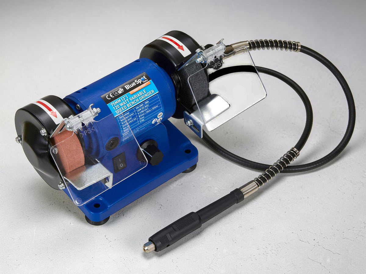 75mm (3") Twin Bench Grinder and Polisher | 120W Variable Speed with 1m Flexible Shaft for Rotary Tool Accessories | Lifetime Warranty