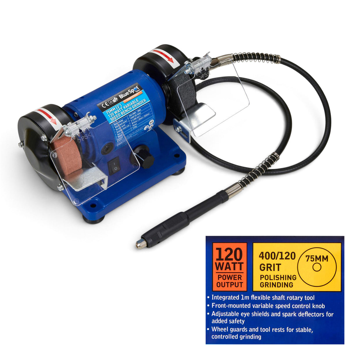 75mm (3") Twin Bench Grinder and Polisher | 120W Variable Speed with 1m Flexible Shaft for Rotary Tool Accessories | Lifetime Warranty