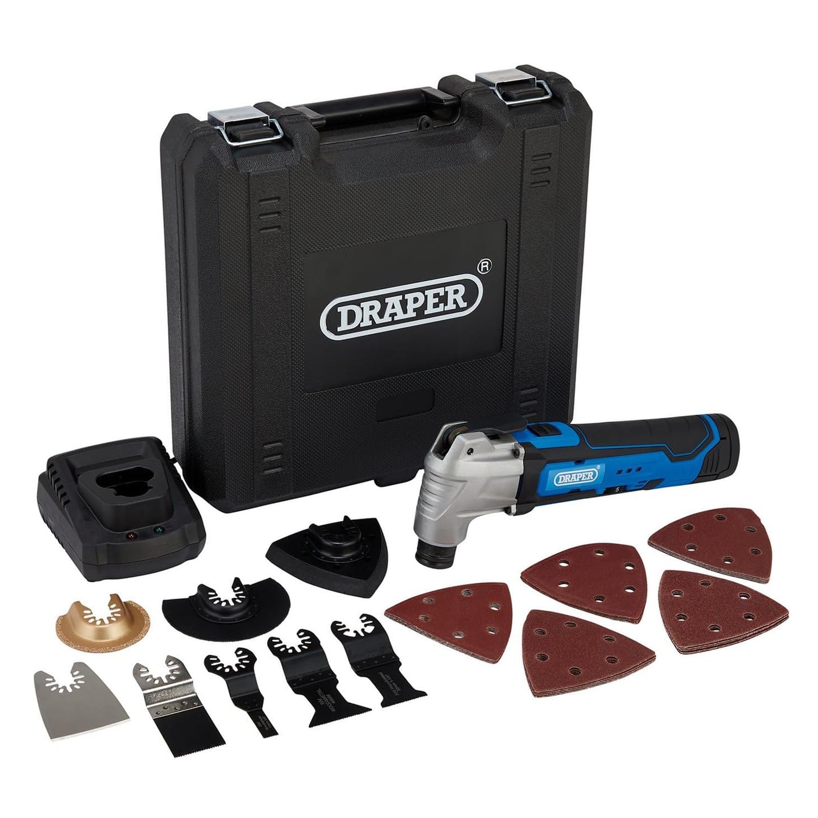 Draper 19392 33pc Cordless 12V Oscillating Multitool Set | Li-ion Battery, Fast Charger & Case