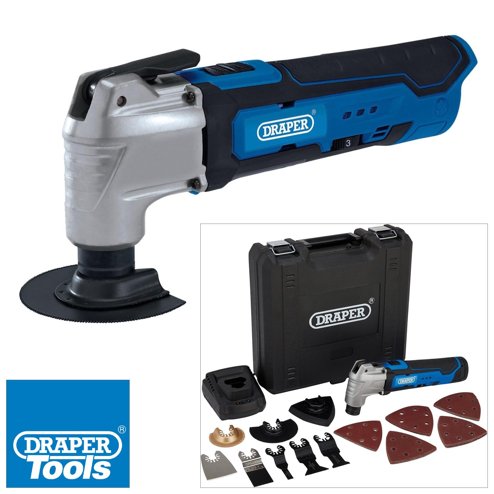 Draper 19392 33pc Cordless 12V Oscillating Multitool Set | Li-ion Battery, Fast Charger & Case