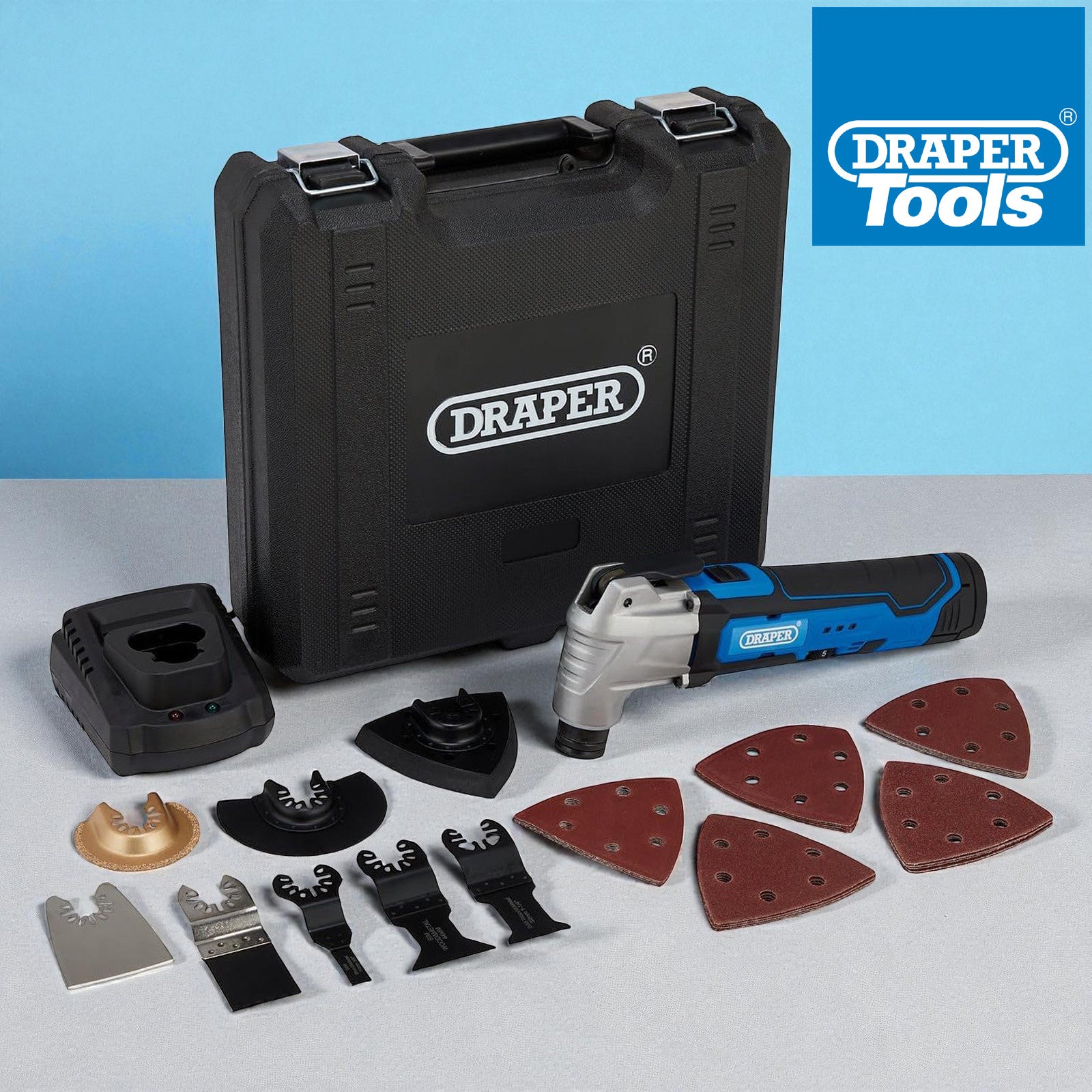 Draper 19392 33pc Cordless 12V Oscillating Multitool Set | Li-ion Battery, Fast Charger & Case