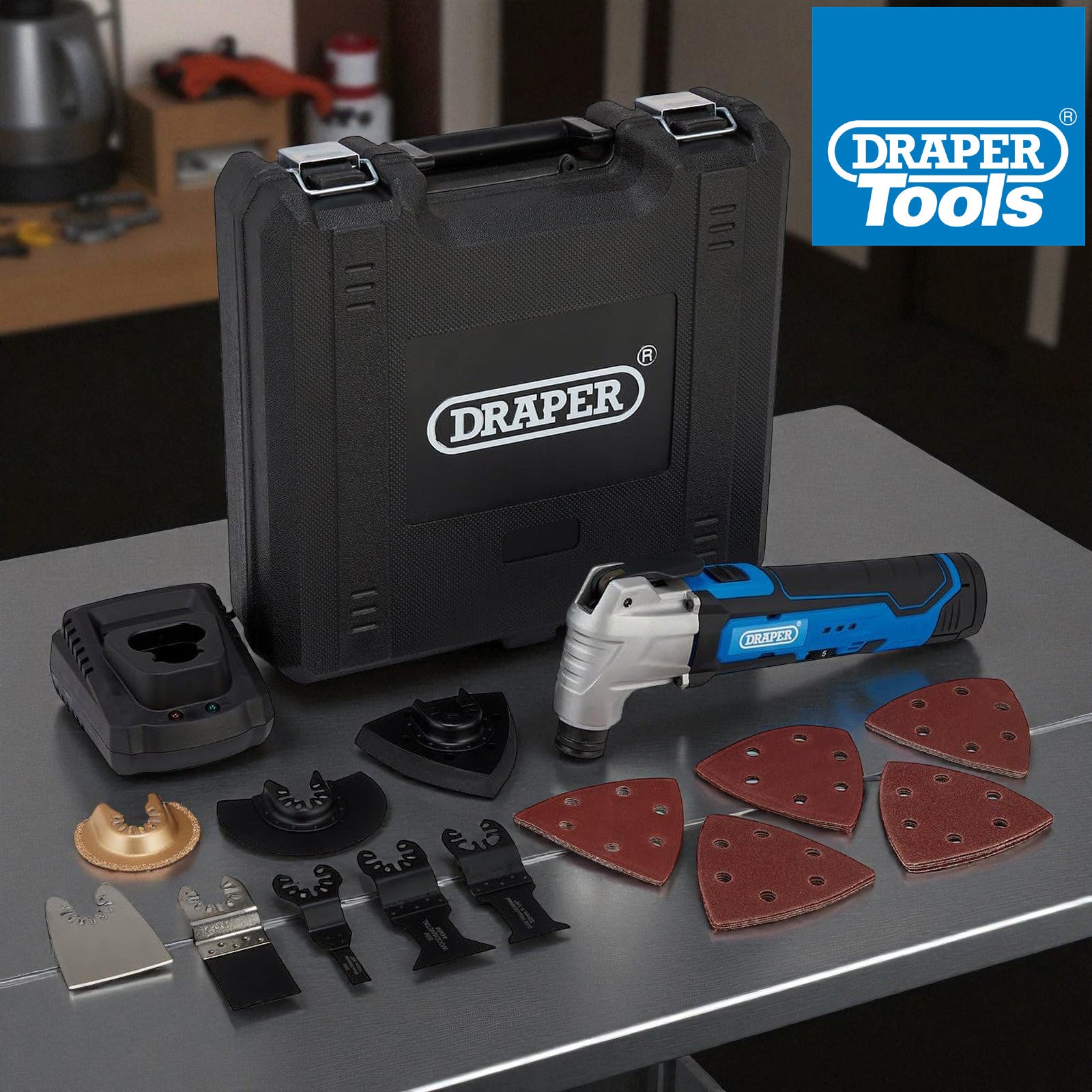 Draper 19392 33pc Cordless 12V Oscillating Multitool Set | Li-ion Battery, Fast Charger & Case