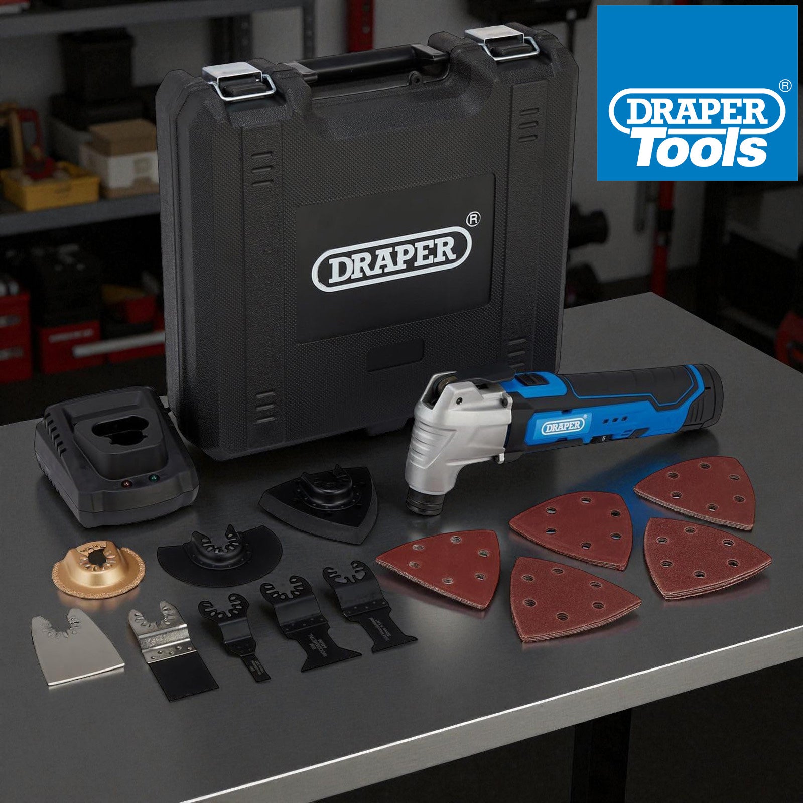 Draper 19392 33pc Cordless 12V Oscillating Multitool Set | Li-ion Battery, Fast Charger & Case