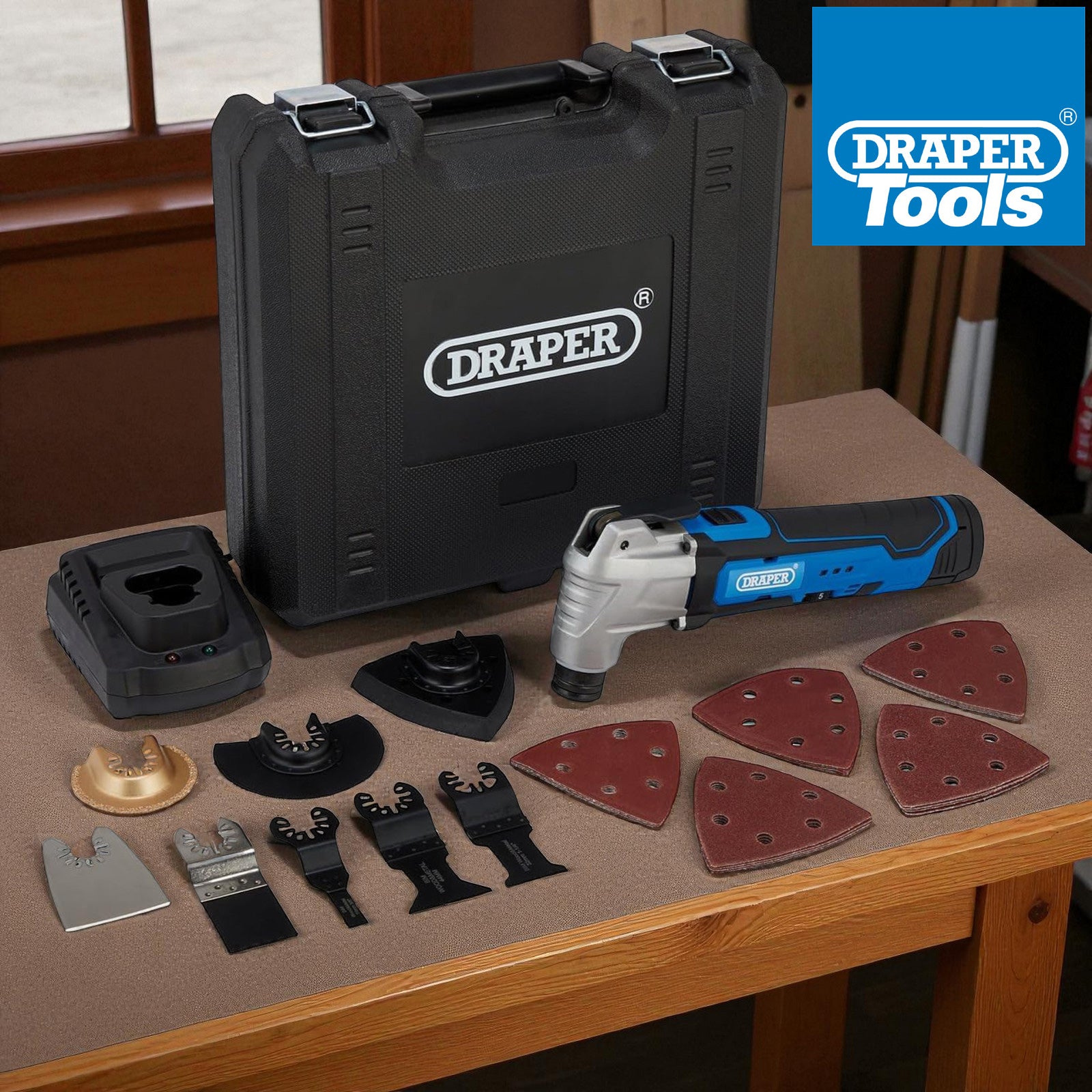 Draper 19392 33pc Cordless 12V Oscillating Multitool Set | Li-ion Battery, Fast Charger & Case