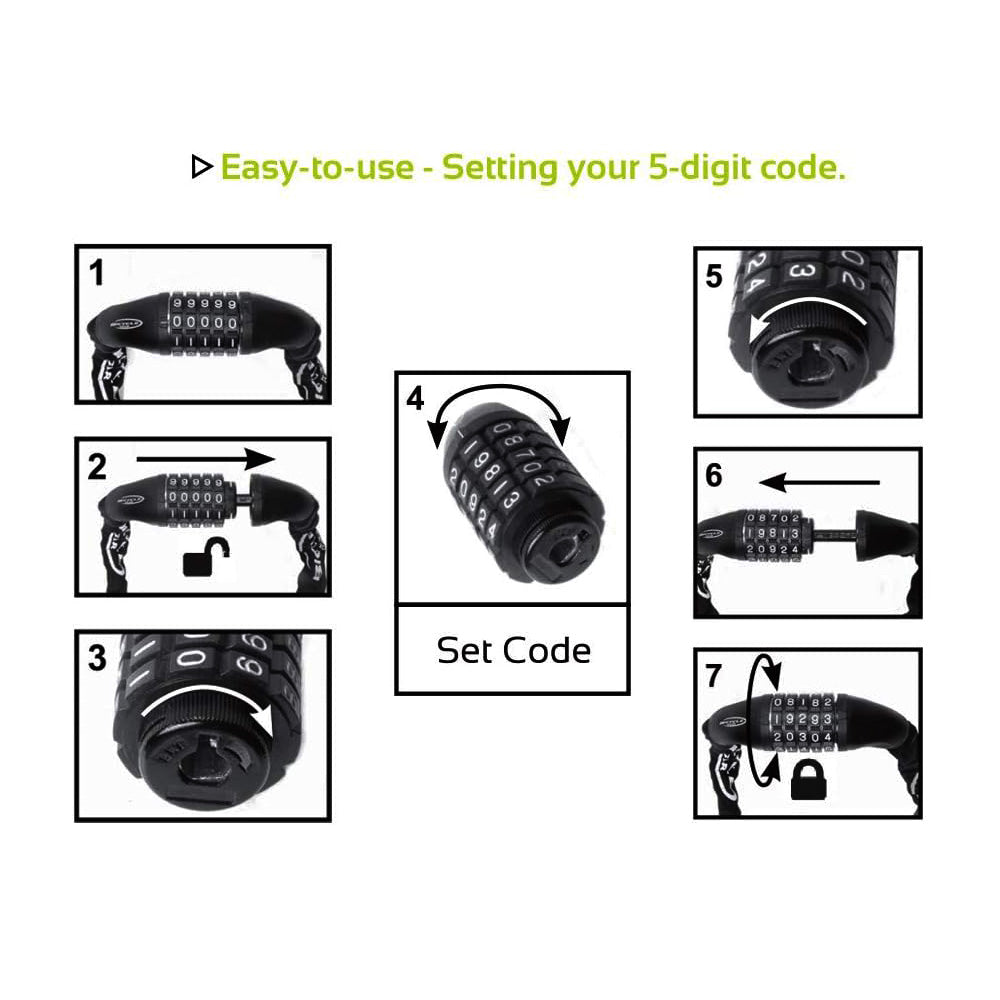 0.9m Bike Security Chain with 5 Digit Combination Lock plus 2pc Cycle Lights Set