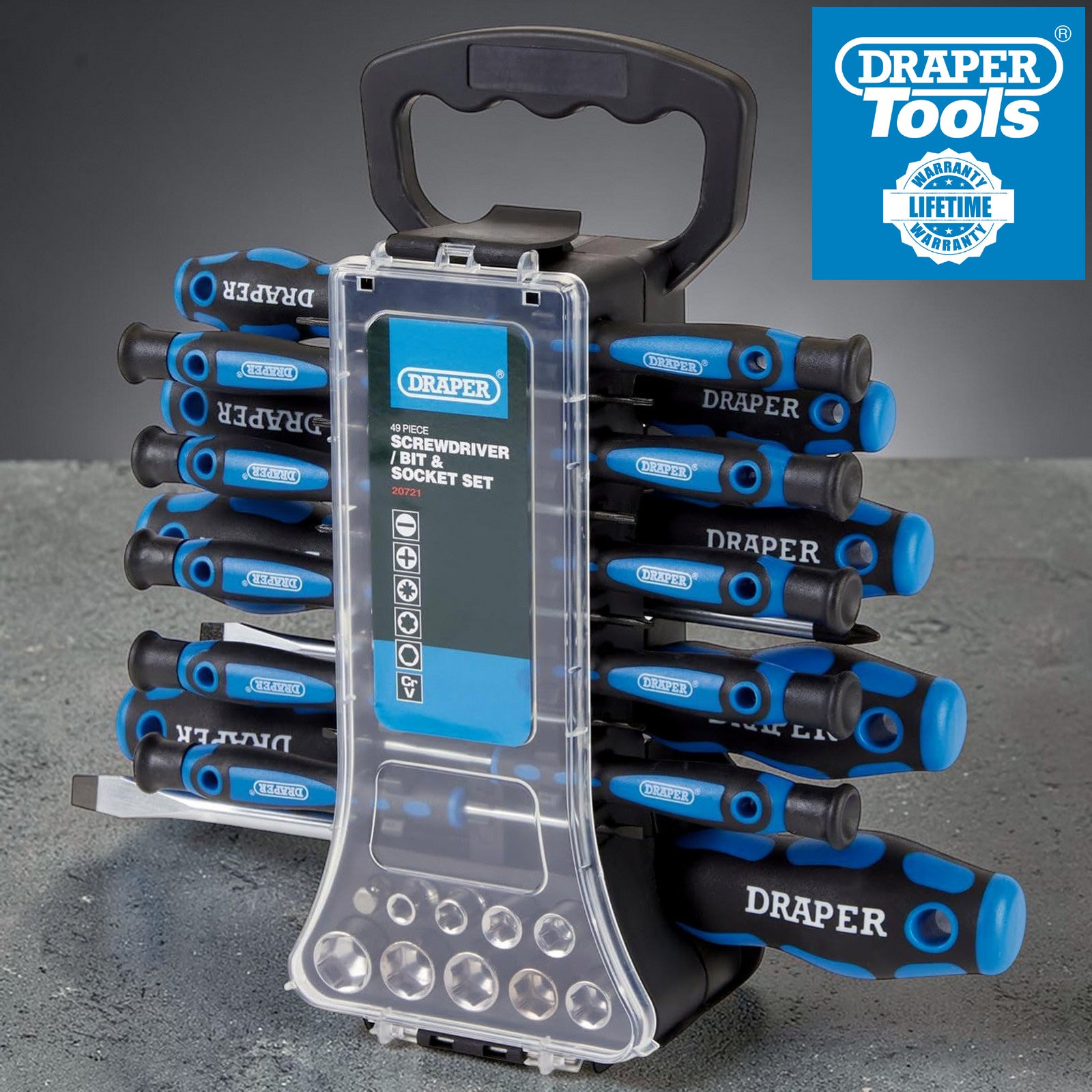 Draper Screwdriver Socket and Bit Set + Storage Carry Rack (49Pce) 20721