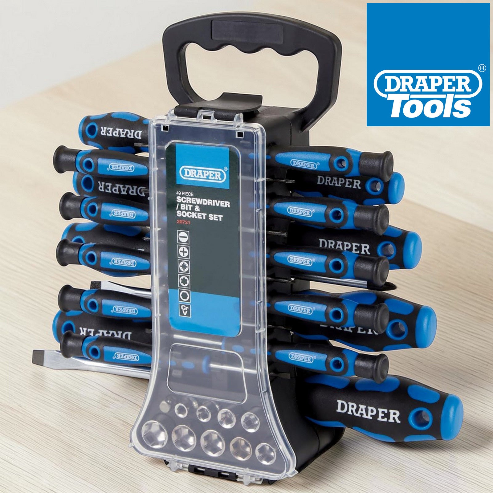 Draper Screwdriver Socket and Bit Set + Storage Carry Rack (49Pce) 20721