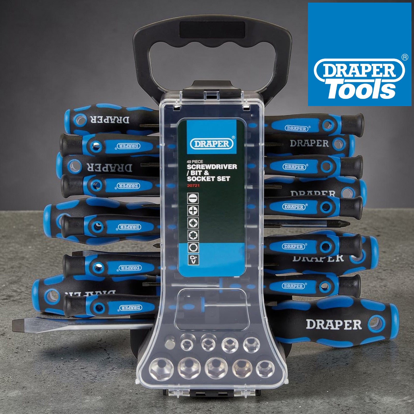 Draper Screwdriver Socket and Bit Set + Storage Carry Rack (49Pce) 20721