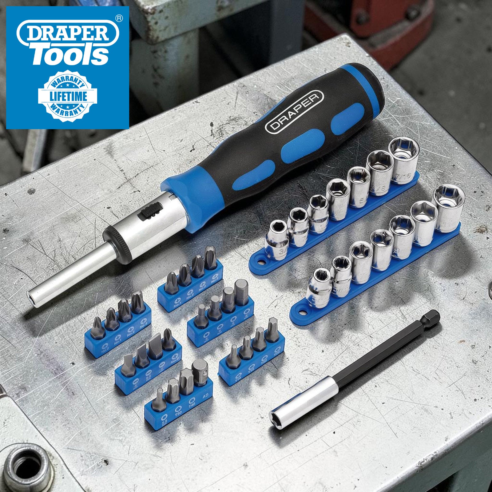 Draper 21010 Ratchet Screwdriver Socket and Bit Set, 1/4" Sq. Dr. (40 Piece)