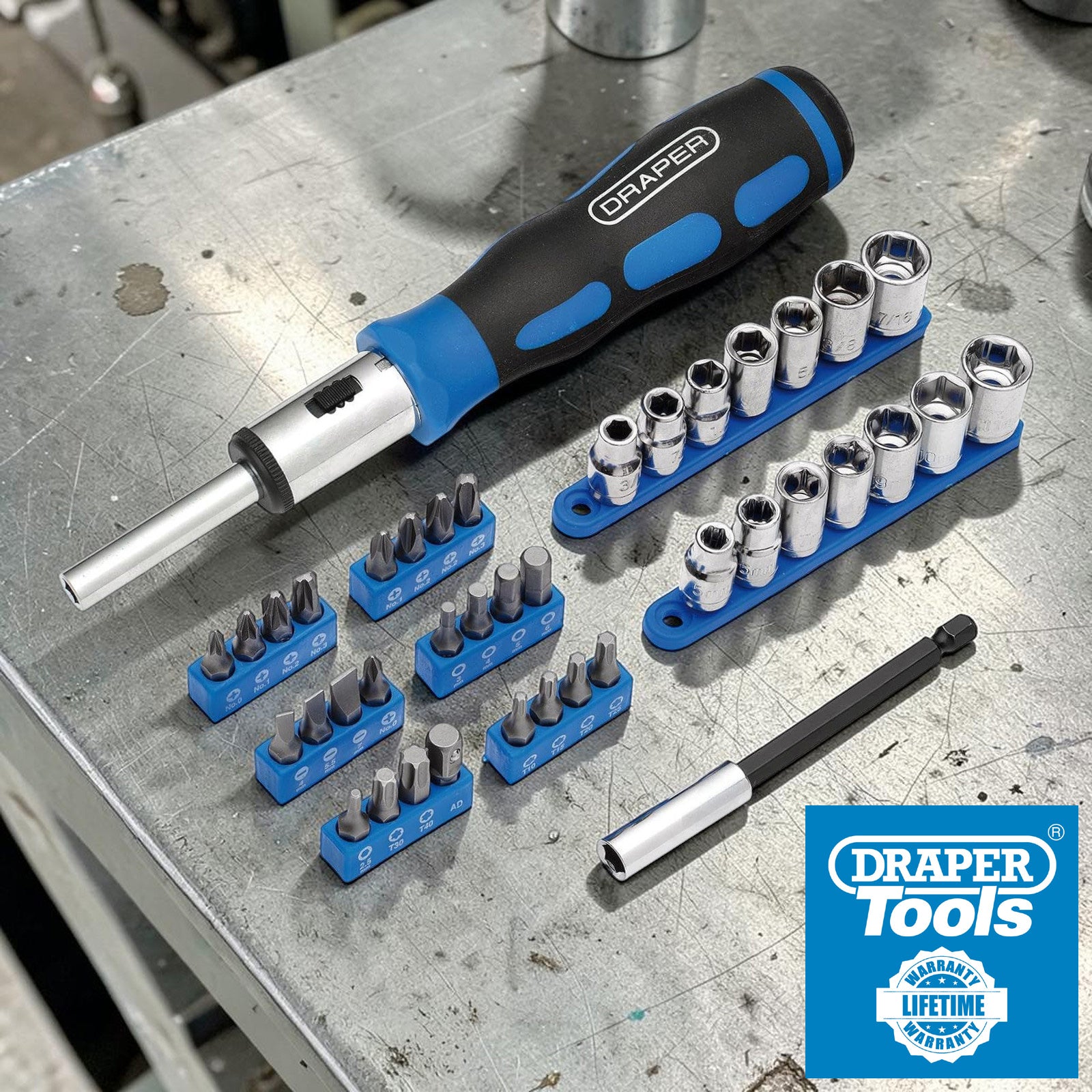 Draper 21010 Ratchet Screwdriver Socket and Bit Set, 1/4" Sq. Dr. (40 Piece)