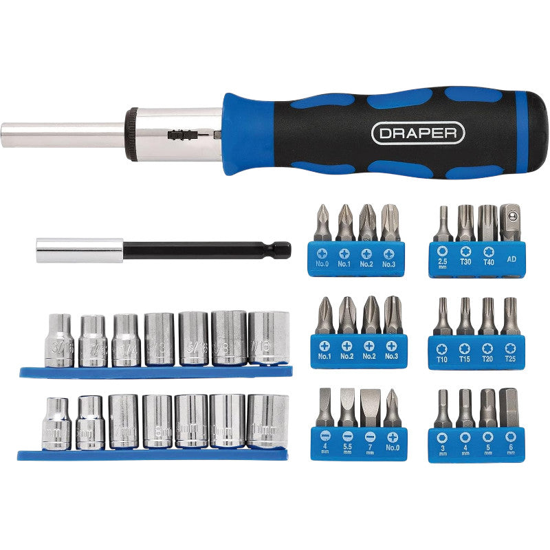 Draper 21010 Ratchet Screwdriver Socket and Bit Set, 1/4" Sq. Dr. (40 Piece)