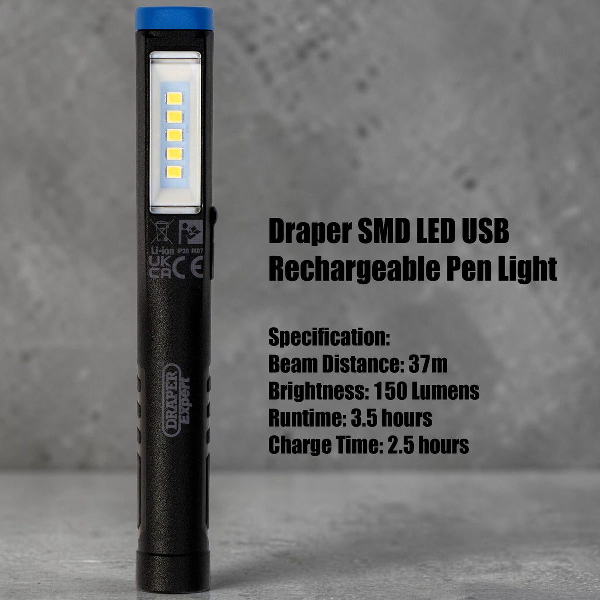 Draper Expert USB Rechargeable SMD LED Pen Light 2-in-1 Inspection Lamp and Torch, 150 Lumens 31098