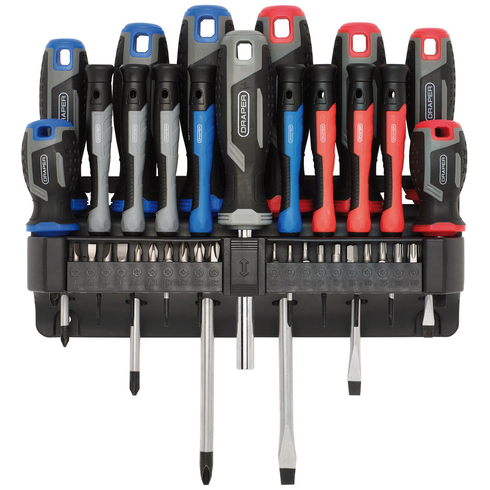 Draper 31672 Soft Grip Screwdriver & Bits Set with Storage Rack PH Torx Hex