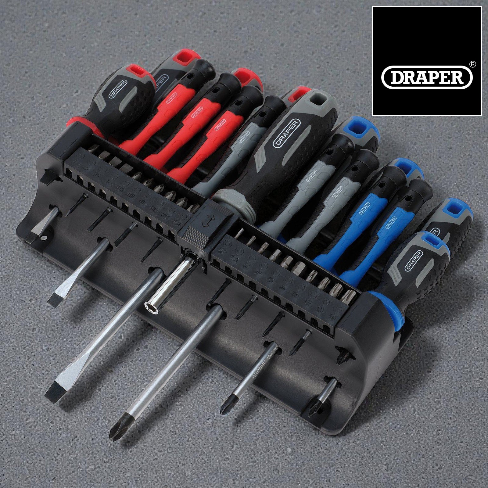 Draper 31672 Soft Grip Screwdriver & Bits Set with Storage Rack PH Torx Hex