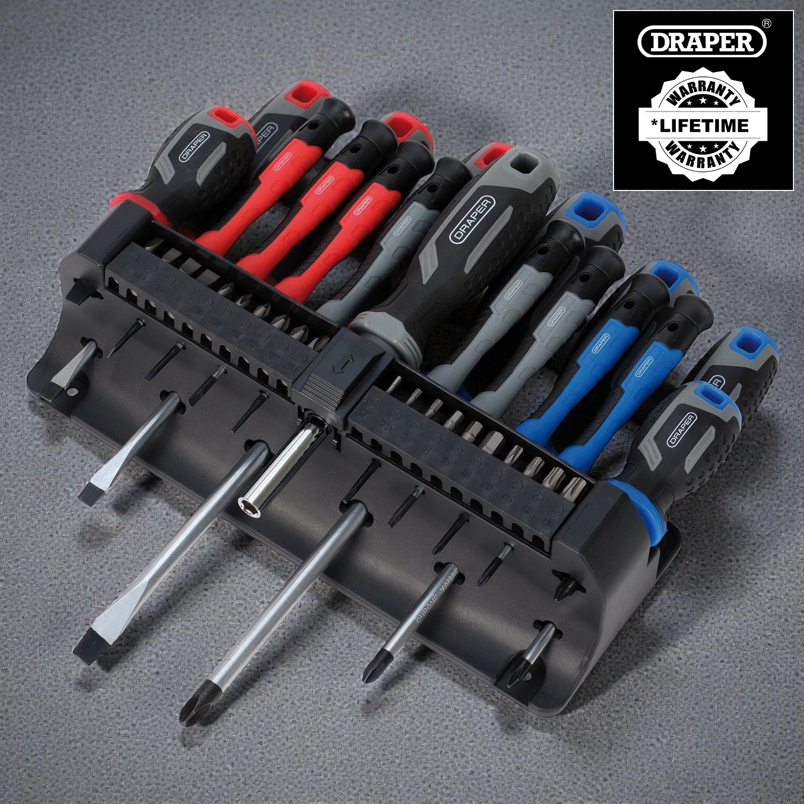 Draper 31672 Soft Grip Screwdriver & Bits Set with Storage Rack PH Torx Hex