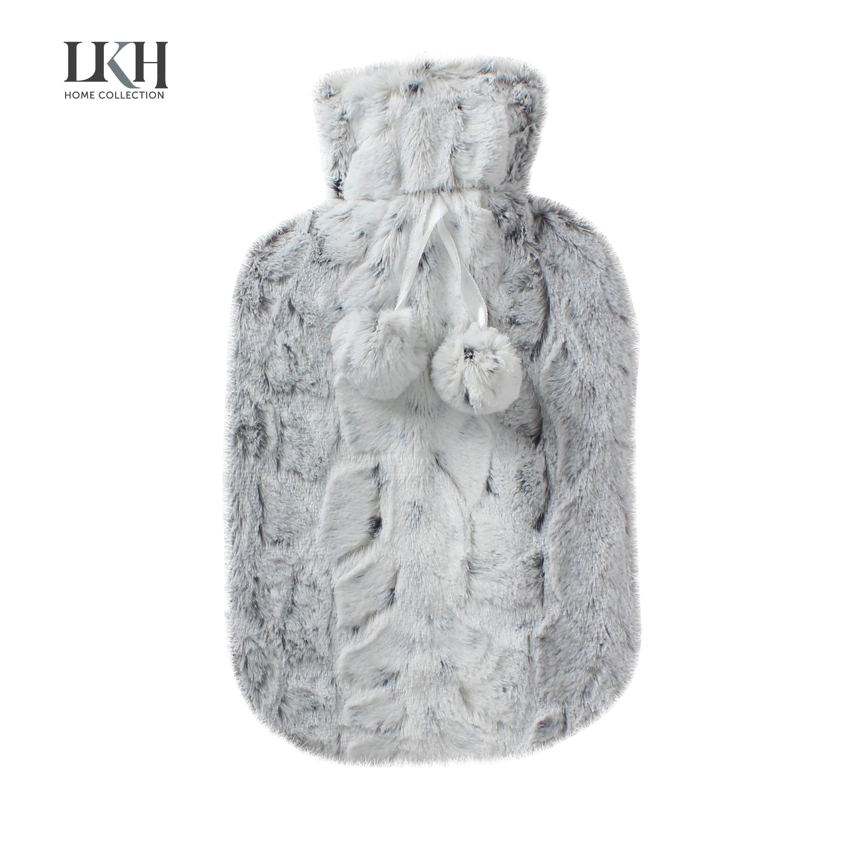 2 Litre Hot Water Bottle with Rabbit Fur Coverand Poms
