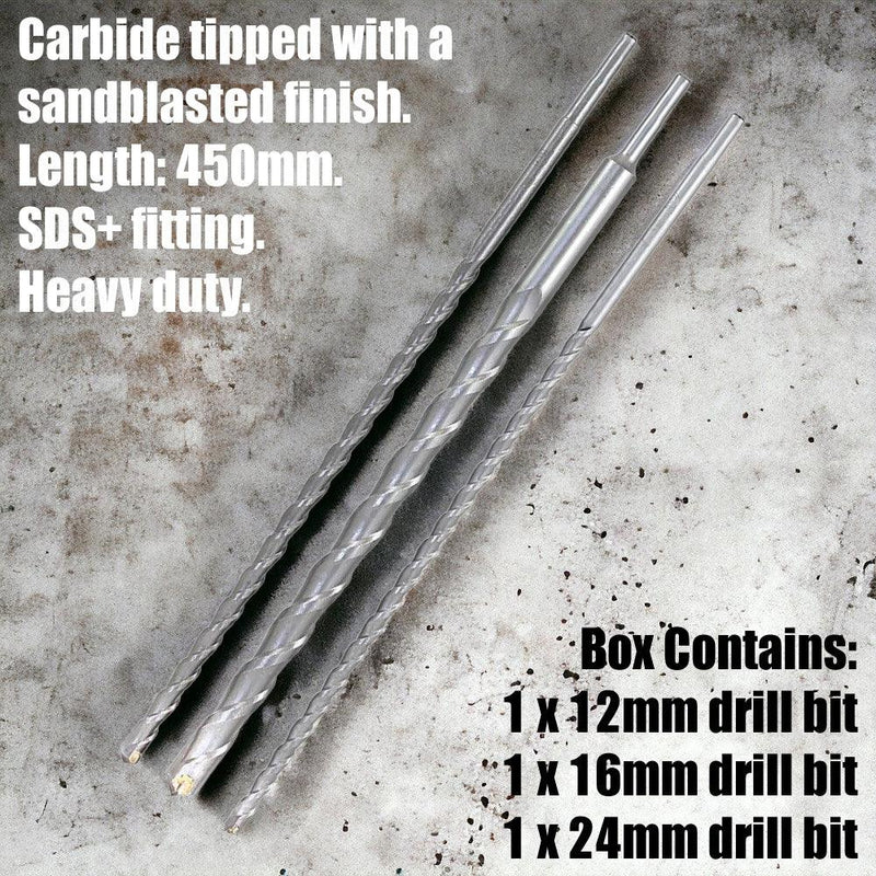 3pc SDS Plus Drill Bit Set 450mm SDS+ Carbide Tipped Masonry Bits 12mm 16mm 24mm - tooltime.co.uk