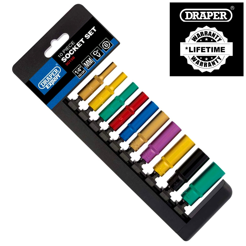 Draper 50158 10pc Metric Coloured Deep Socket Set, 1/4" Sq. Dr.