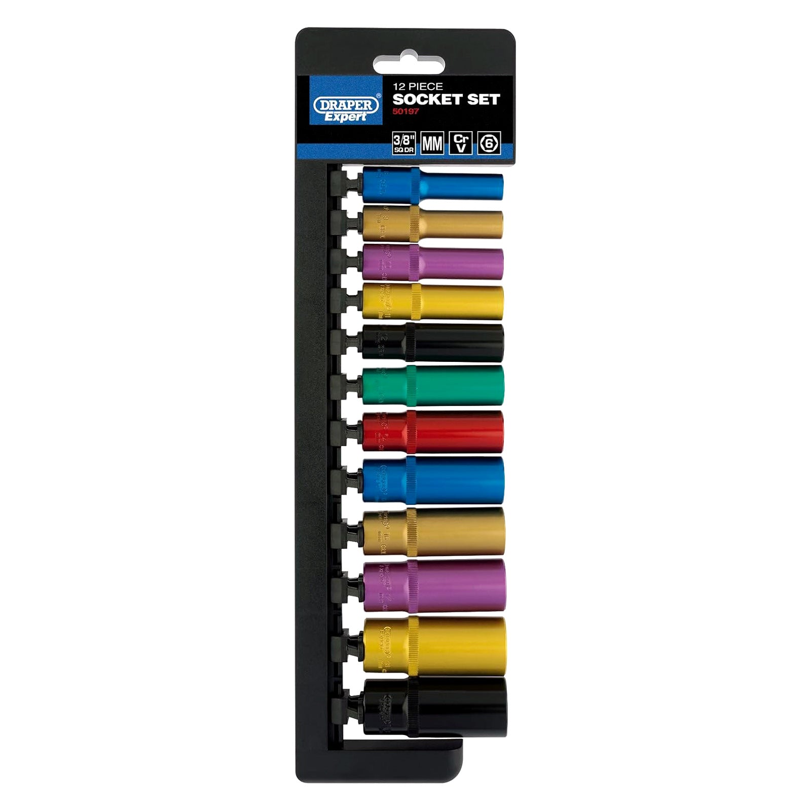 Draper 50197 3/8" Dr Deep Socket Set | 12pc Metric Colour Coded Chrome Vanadium Steel