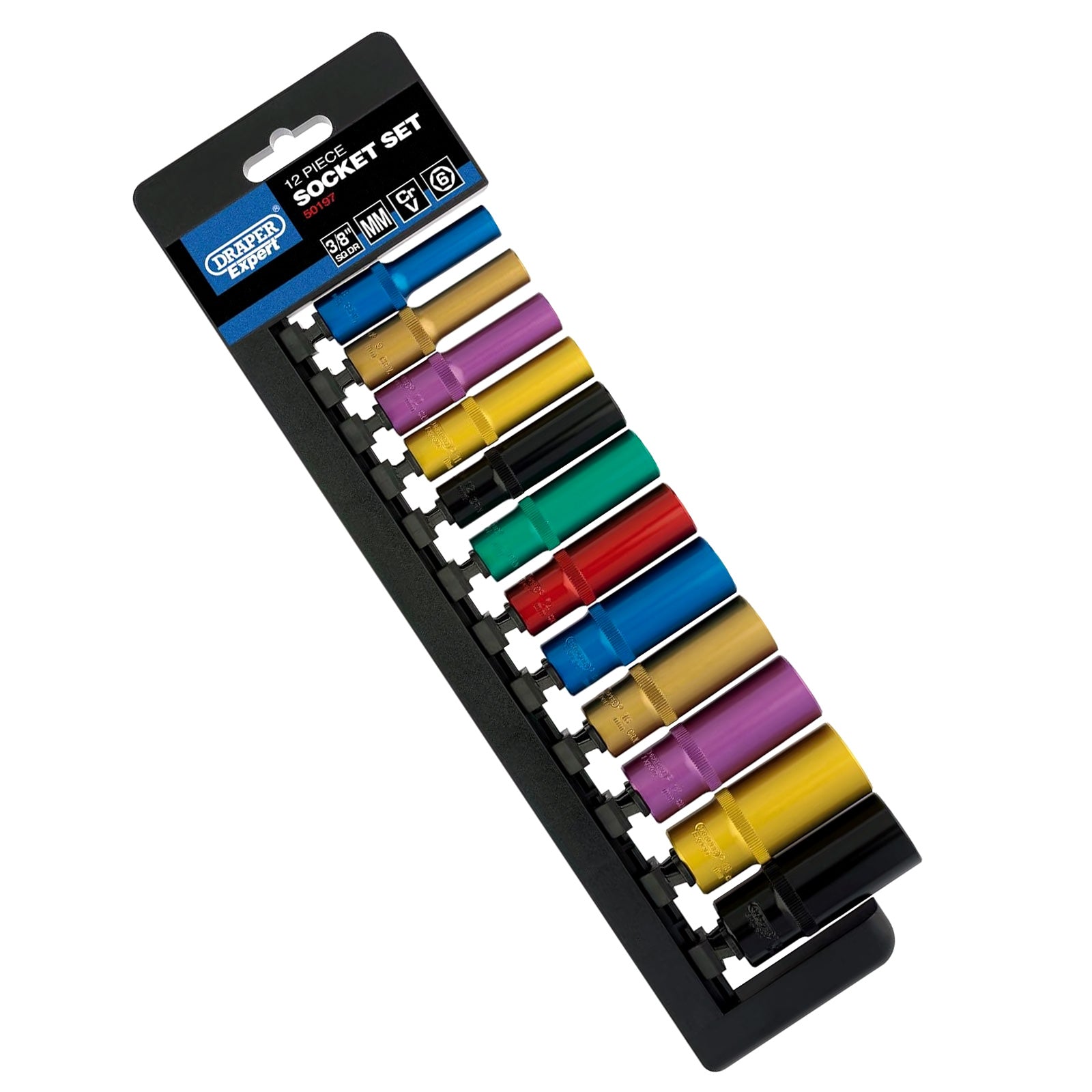 Draper 50197 3/8" Dr Deep Socket Set | 12pc Metric Colour Coded Chrome Vanadium Steel