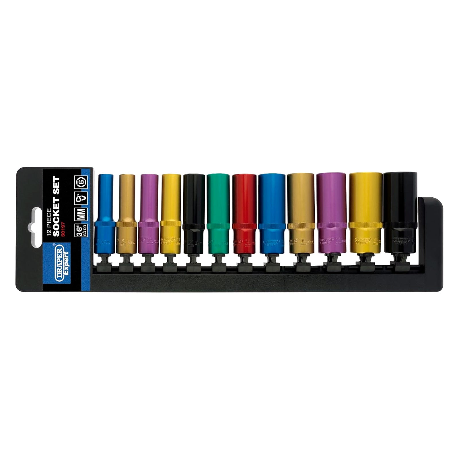 Draper 50197 3/8" Dr Deep Socket Set | 12pc Metric Colour Coded Chrome Vanadium Steel